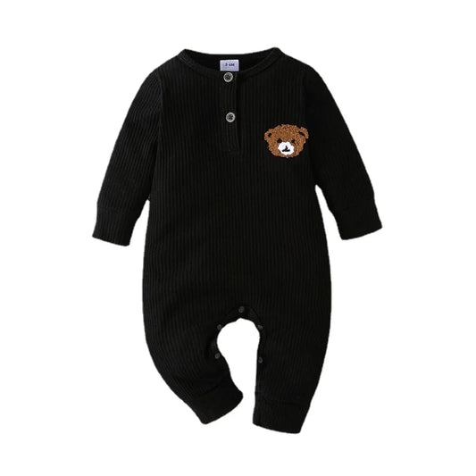 Ribbed long-sleeve baby romper onesie in black, made from 100% polyester with an embroidered bear design on the chest, soft and cozy baby clothing