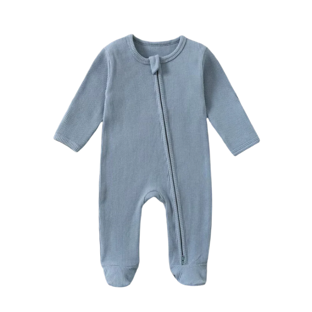 100% Cotton baby footie pajamas in Blue Earth Tones- Breathable and soft sleepwear for babies.