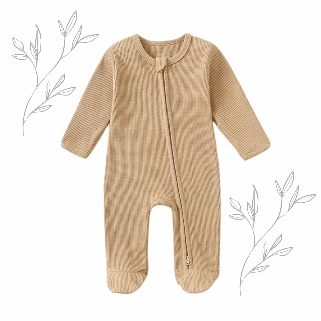 100% Cotton baby footie pajamas in Camel Earth Tones- Breathable and soft sleepwear for babies.