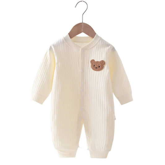 Yellow baby romper onesie with embroidered bear design, made from soft 100% polyester fabric, featuring long-sleeve and a cozy, stylish fit for babies