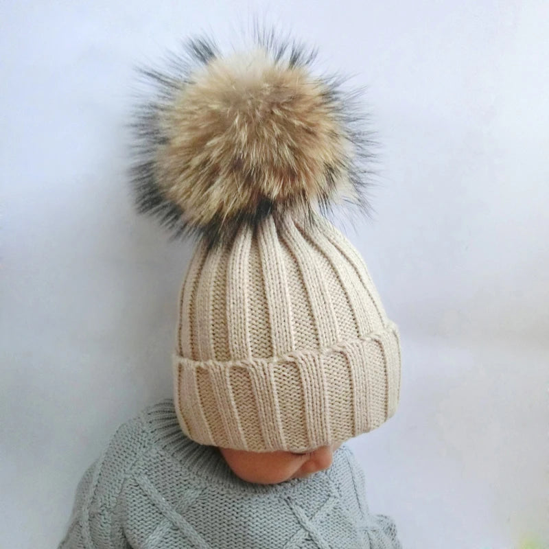 Baby Fur Pompom Beanie Hat Scarf Set