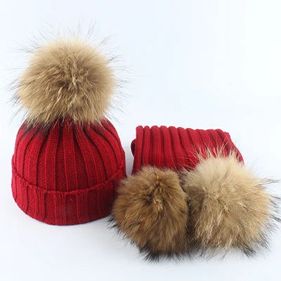 Baby Fur Pompom Beanie Hat Scarf Set