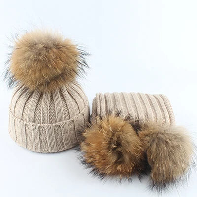 Baby Fur Pompom Beanie Hat Scarf Set