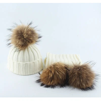 Baby Fur Pompom Beanie Hat Scarf Set