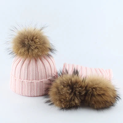 Baby Fur Pompom Beanie Hat Scarf Set