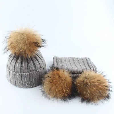 Baby Fur Pompom Beanie Hat Scarf Set