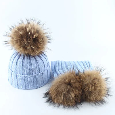 Baby Fur Pompom Beanie Hat Scarf Set