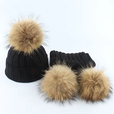 Baby Fur Pompom Beanie Hat Scarf Set