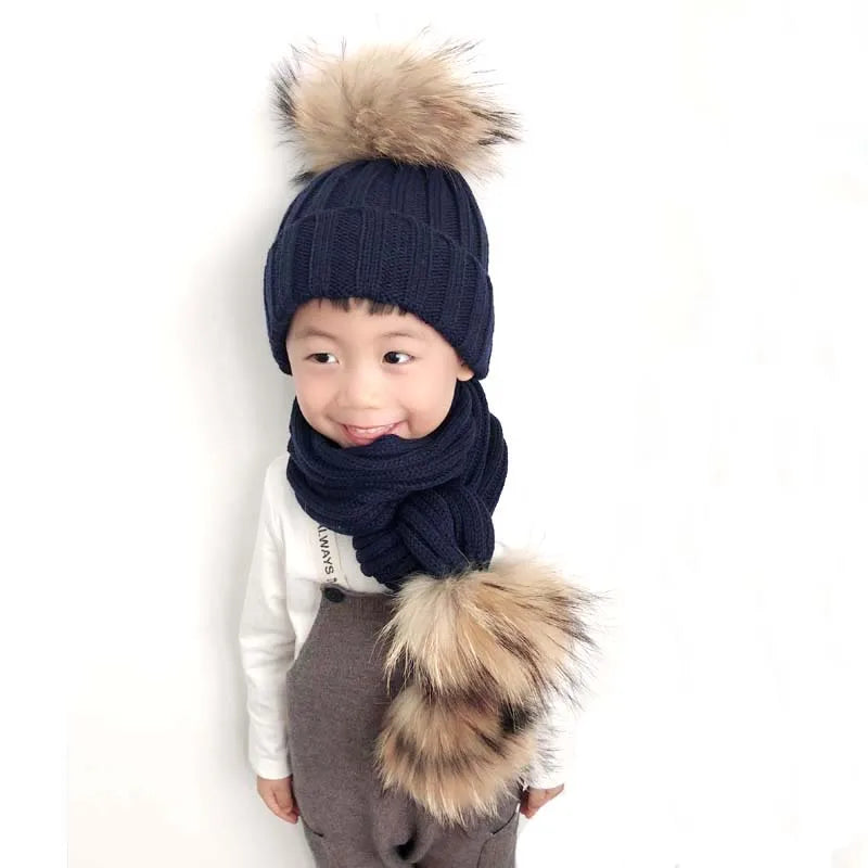 Baby Fur Pompom Beanie Hat Scarf Set