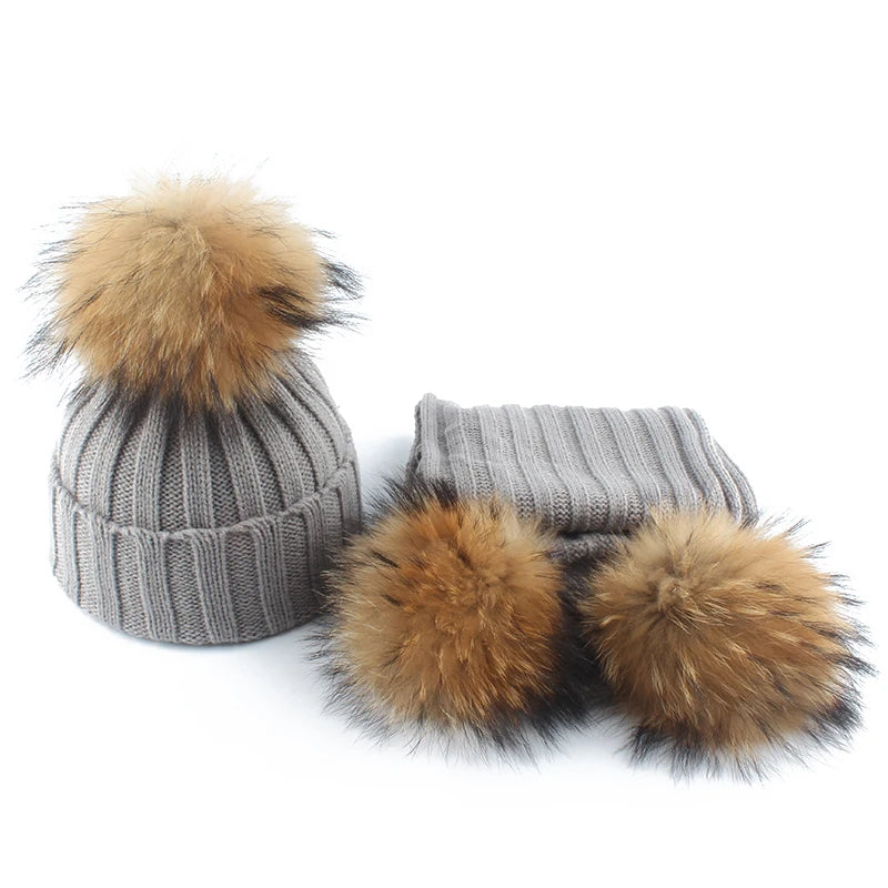 Baby Fur Pompom Beanie Hat Scarf Set