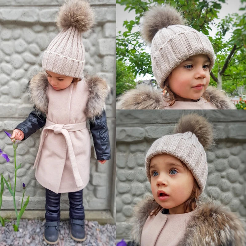 Baby Fur Pompom Beanie Hat Scarf Set