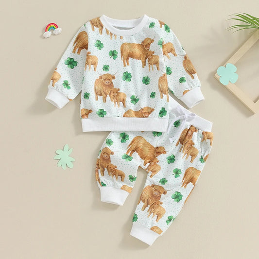 Baby 2-Piece Sweatshirt and Sweatpants Set in Lucky Highland Cows