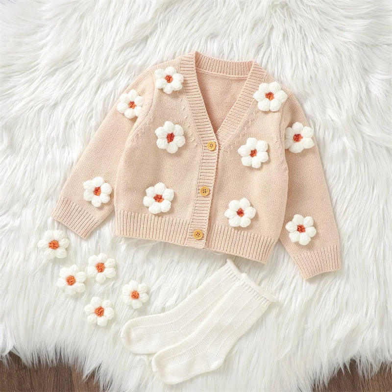 Baby Girl Cardigan 3D White Flower Knit Sweater