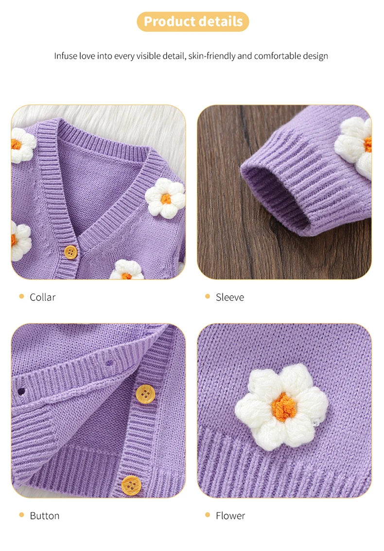 Baby Knitted Cardigan Sweater with Cute 3D Flowers