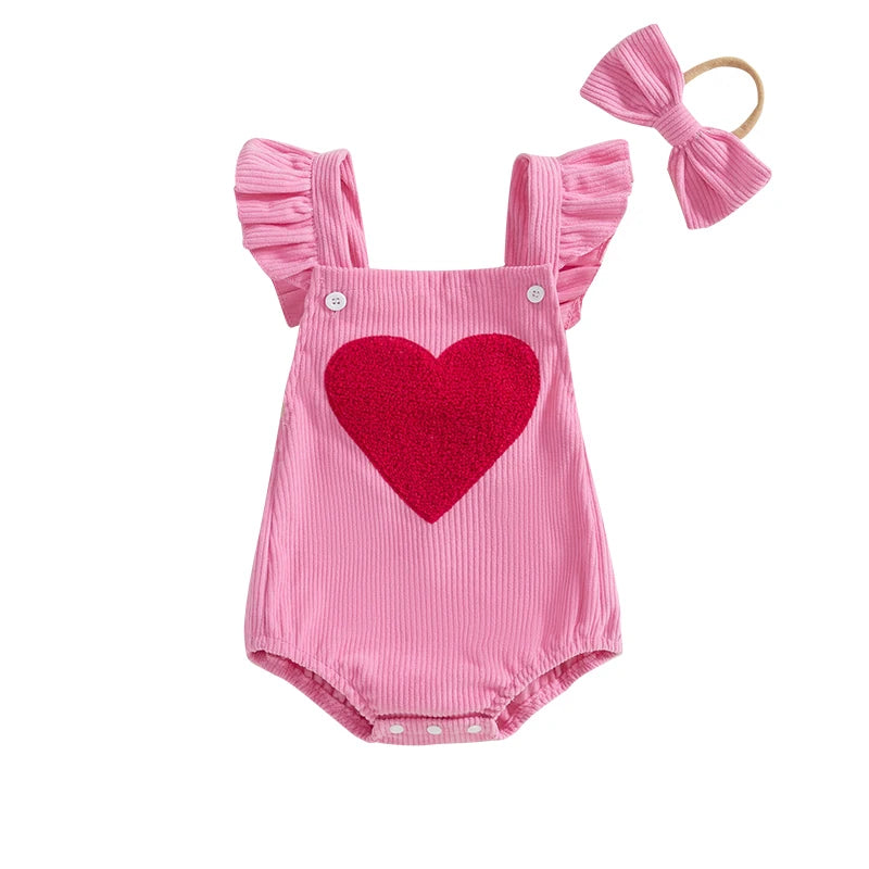 Baby Valentine Embroidery Heart Button Bodysuit with Bow