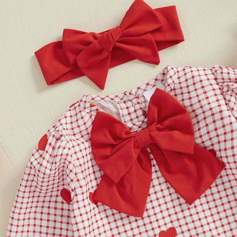 Baby Valentine Heart Plaid Bodysuit with Headband