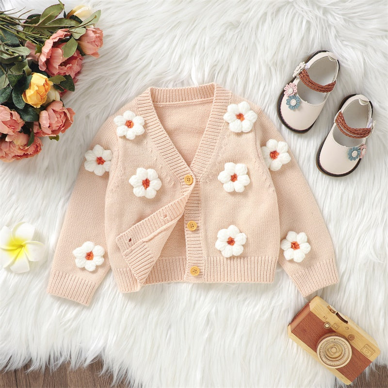 Baby Girl Cardigan 3D White Flower Knit Sweater