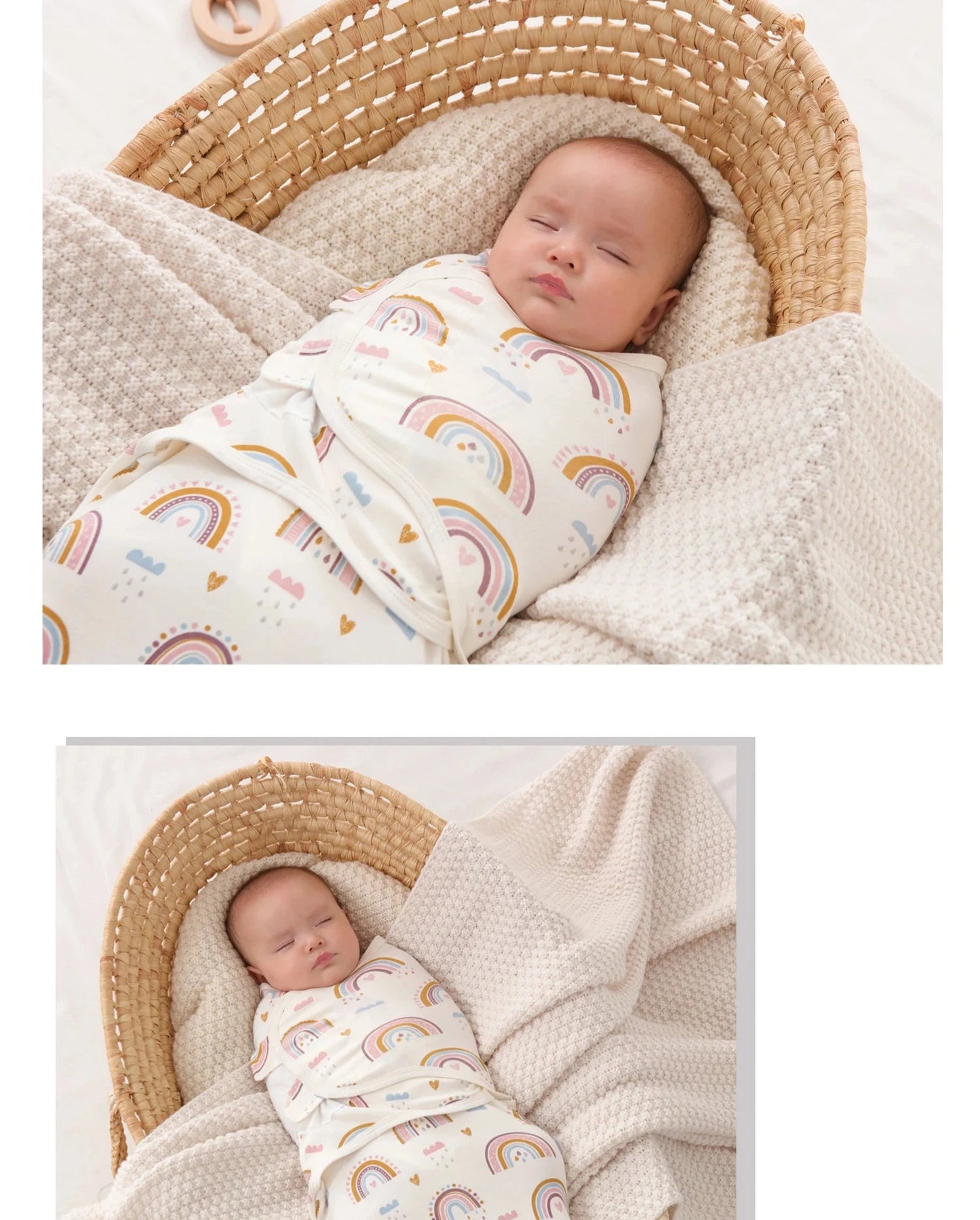 Featuring Newborn Sleep Swaddle in Rainbow