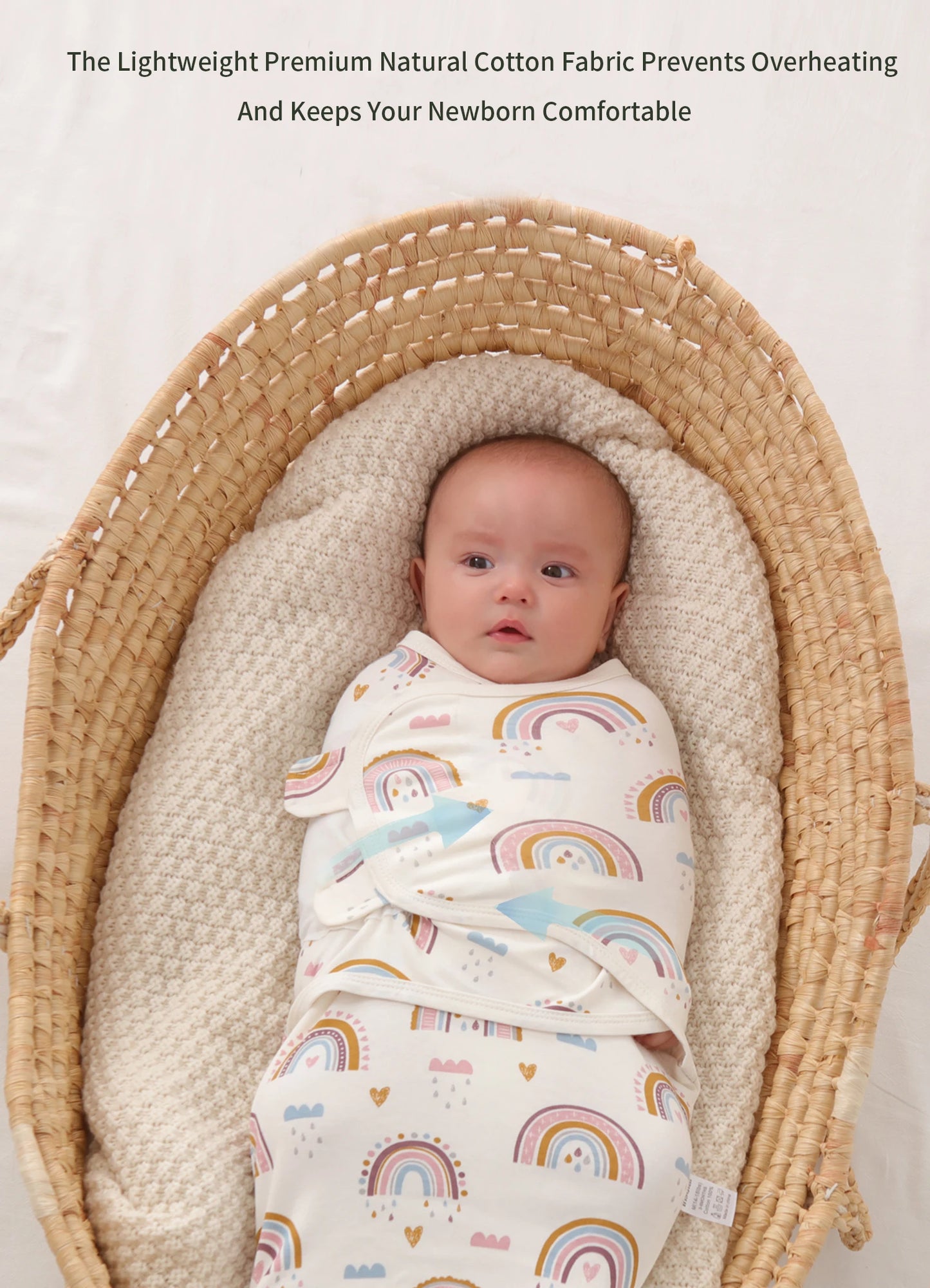 Featuring Newborn Sleep Swaddle in Rainbow