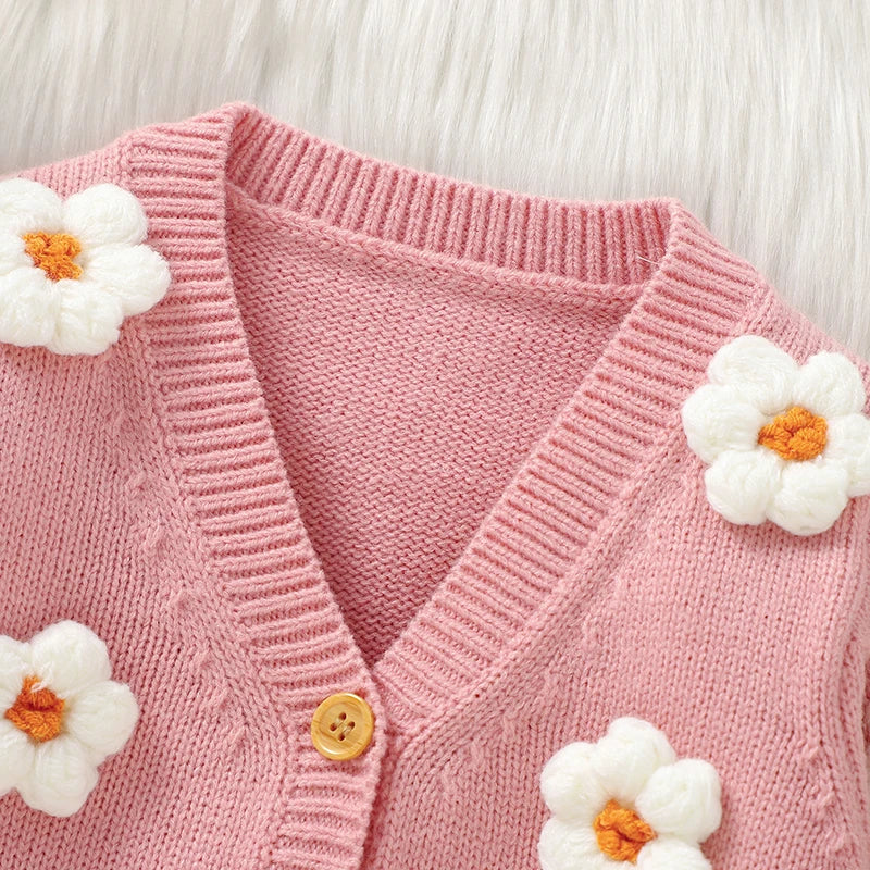 Baby Knitted Cardigan Sweater with Cute 3D Flowers