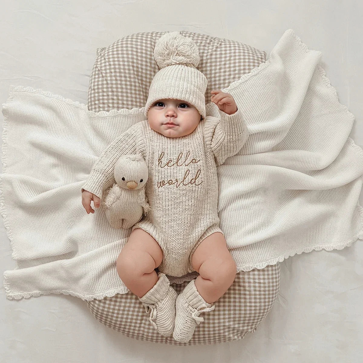 Newborn "Hello World" Knitted Romper Photoshoot Outfit Set