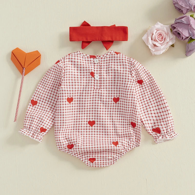 Baby Valentine Heart Plaid Bodysuit with Headband