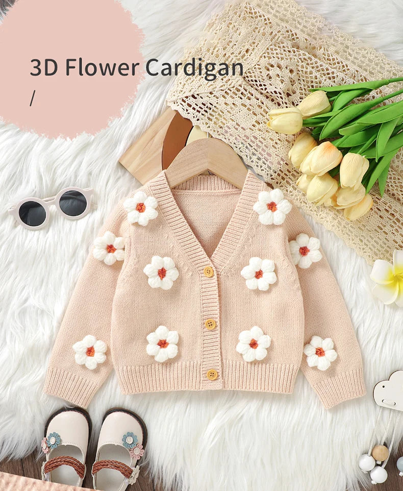 Baby Knitted Cardigan Sweater with Cute 3D Flowers