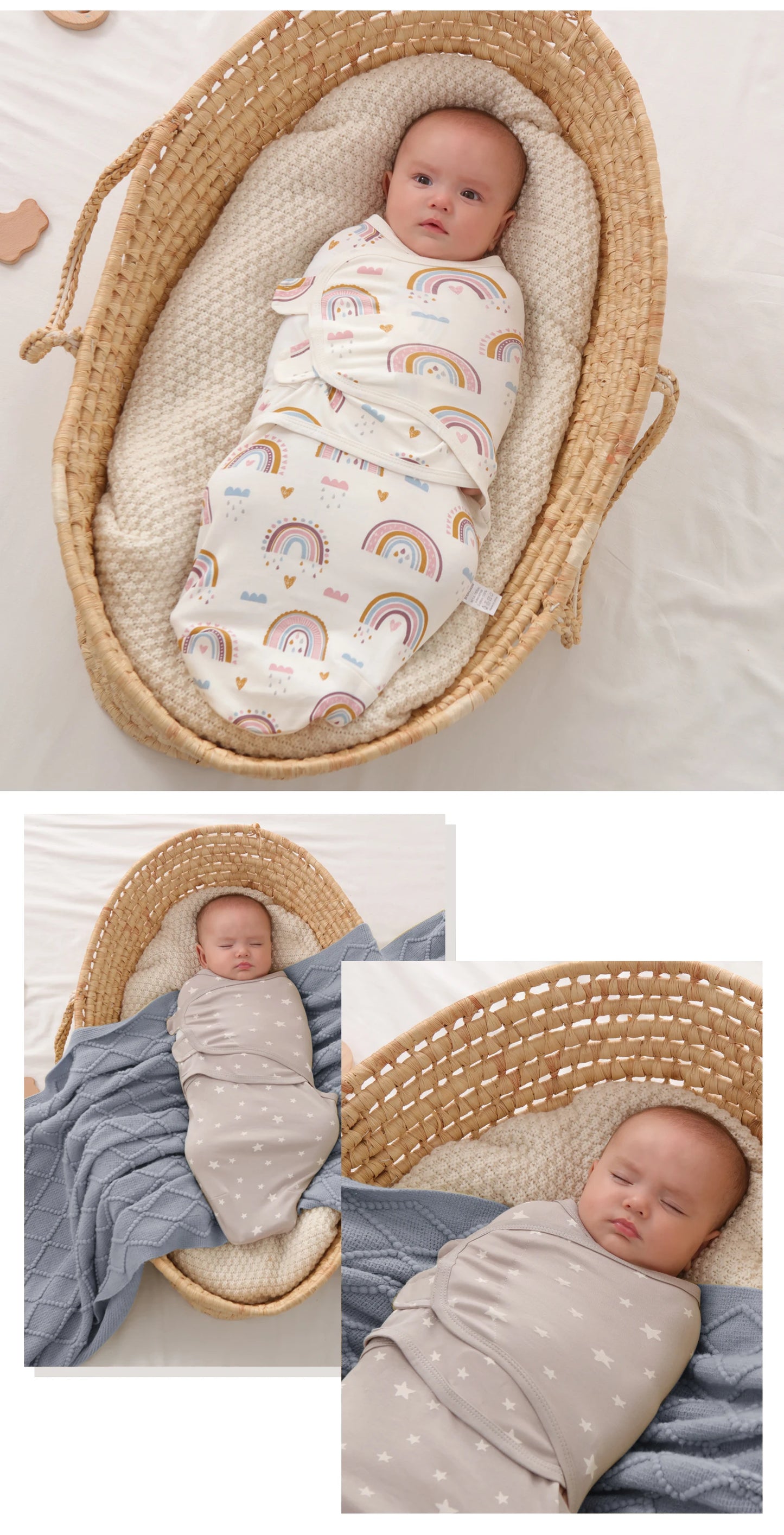 Featuring Newborn Sleep Swaddle in Rainbow