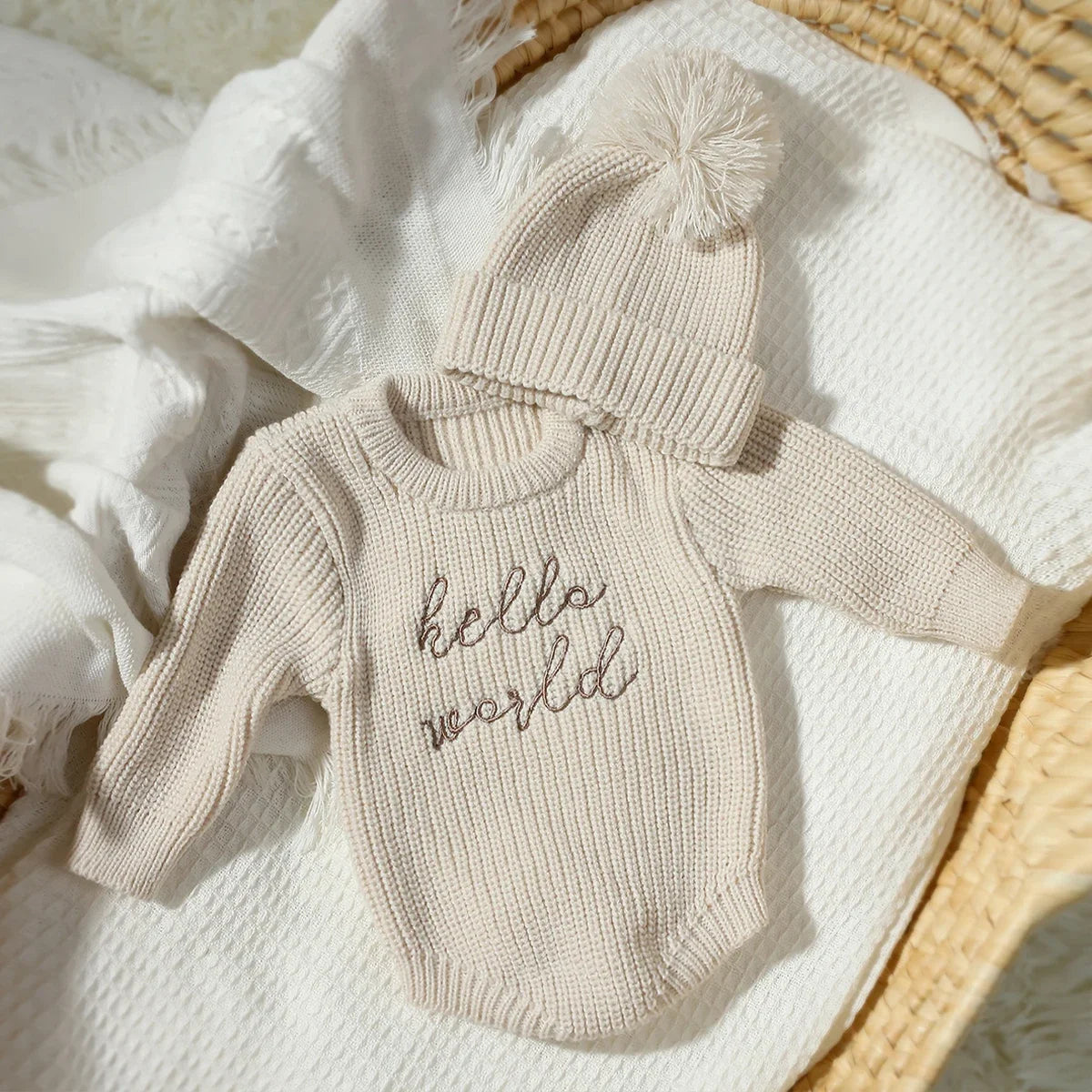 Newborn "Hello World" Knitted Romper Photoshoot Outfit Set