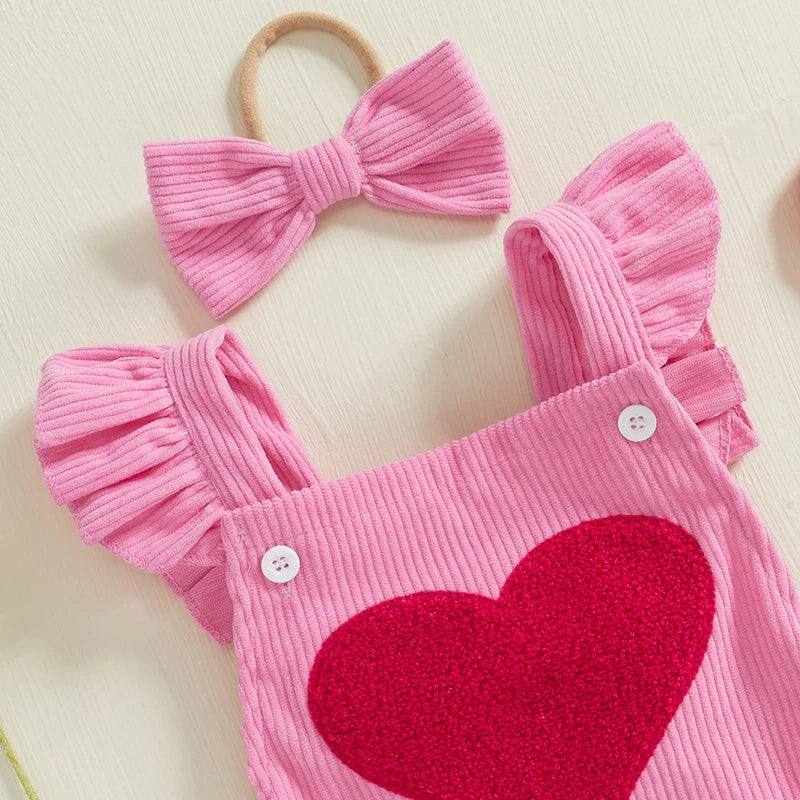 Baby Valentine Embroidery Heart Button Bodysuit with Bow