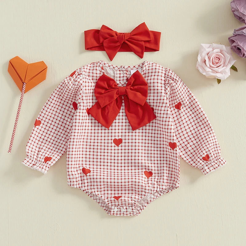 Baby Valentine Heart Plaid Bodysuit with Headband