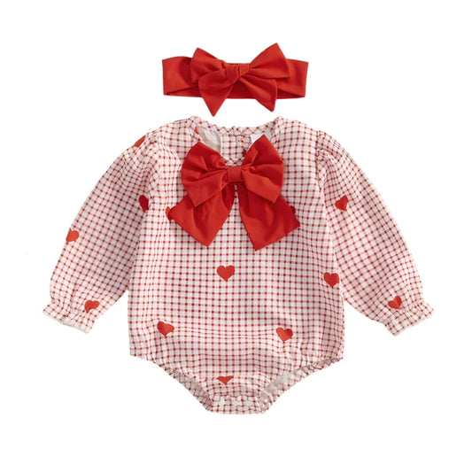 Baby Valentine Heart Plaid Bodysuit with Headband