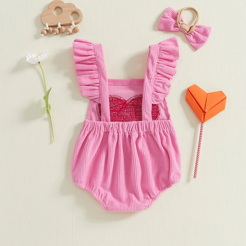 Baby Valentine Embroidery Heart Button Bodysuit with Bow