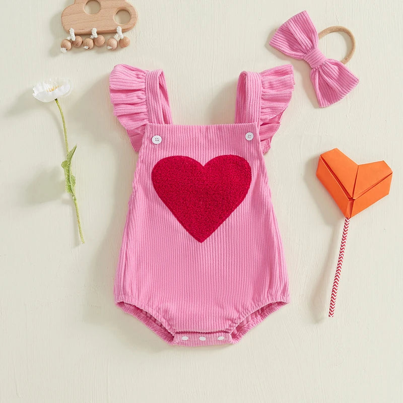 Baby Valentine Embroidery Heart Button Bodysuit with Bow