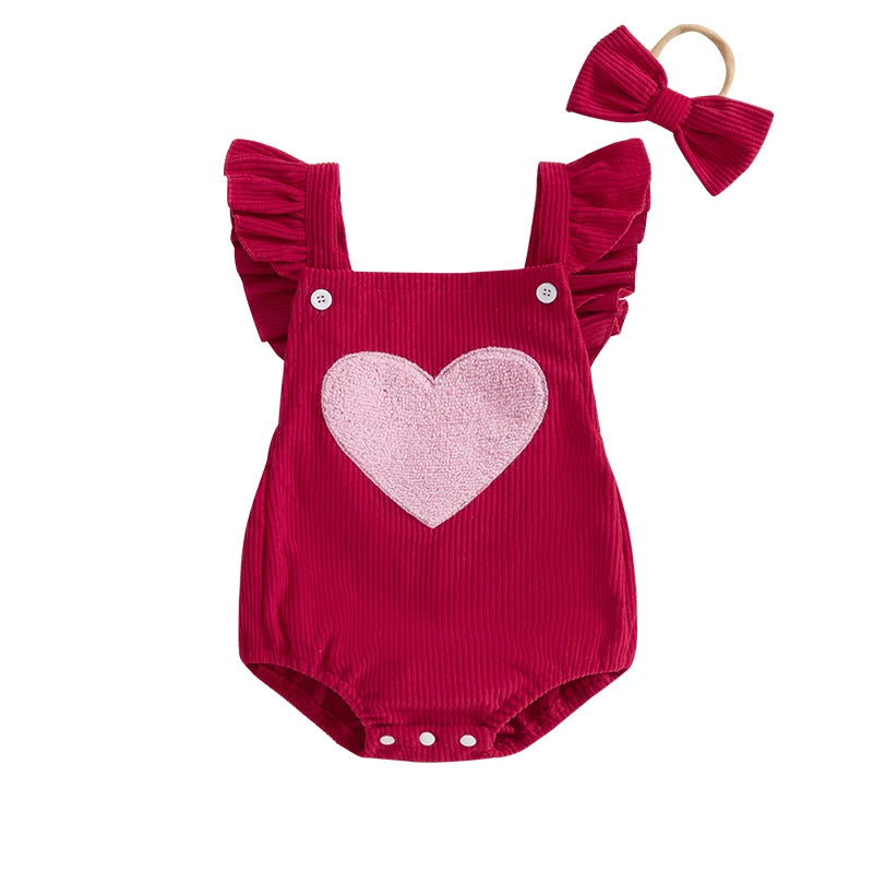 Baby Valentine Embroidery Heart Button Bodysuit with Bow