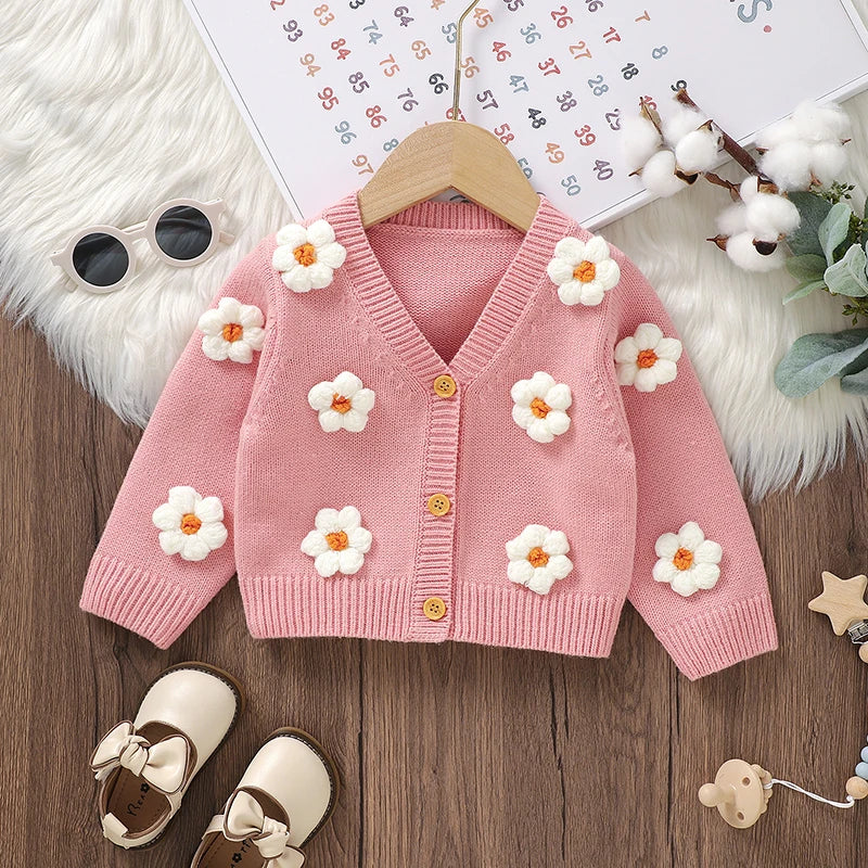 Baby Knitted Cardigan Sweater with Cute 3D Flowers