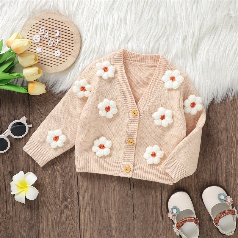 Baby Girl Cardigan 3D White Flower Knit Sweater