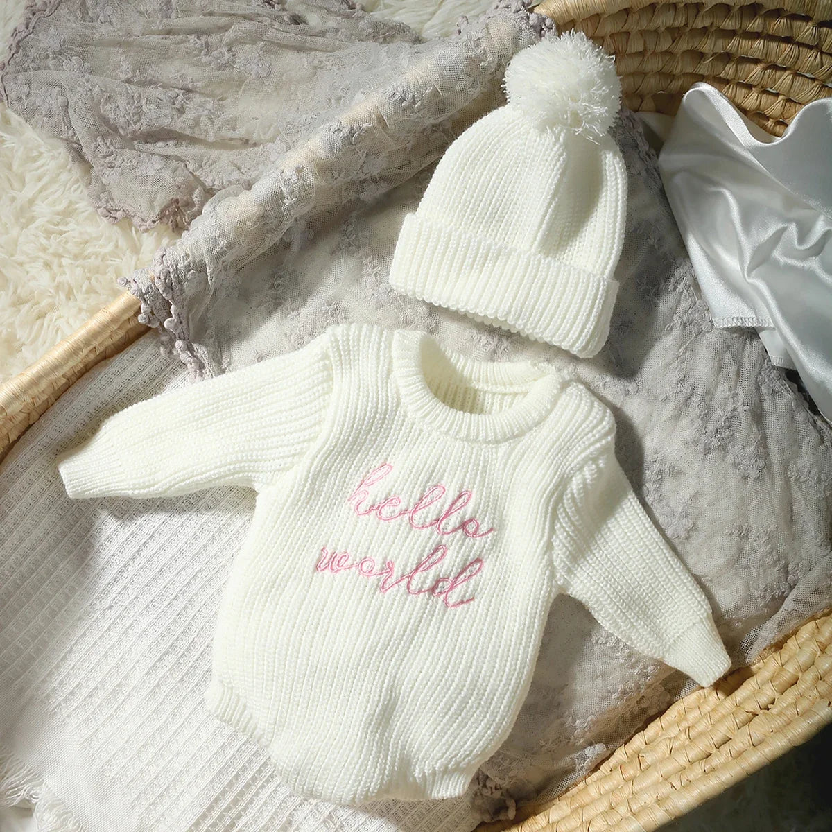 Newborn "Hello World" Knitted Romper Photoshoot Outfit Set