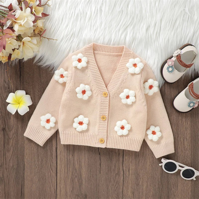 Baby Girl Cardigan 3D White Flower Knit Sweater