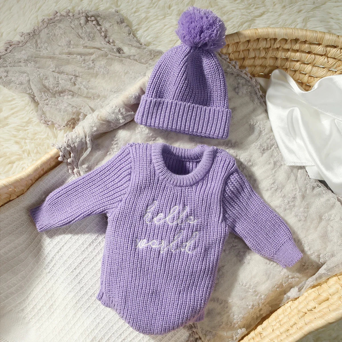 Newborn "Hello World" Knitted Romper Photoshoot Outfit Set