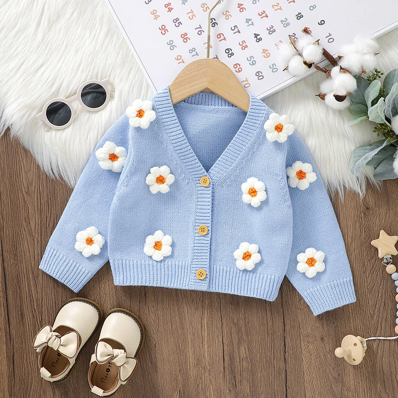 Baby Knitted Cardigan Sweater with Cute 3D Flowers