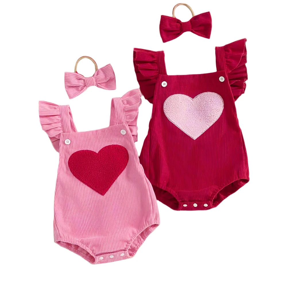 Baby Valentine Embroidery Heart Button Bodysuit with Bow