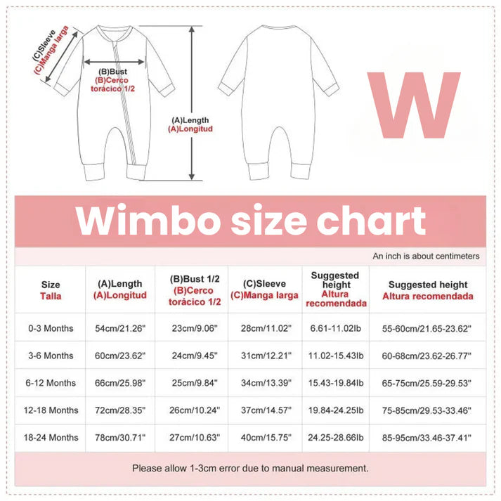 Sizing chart for baby clothing, featuring size measurements for a perfect fit